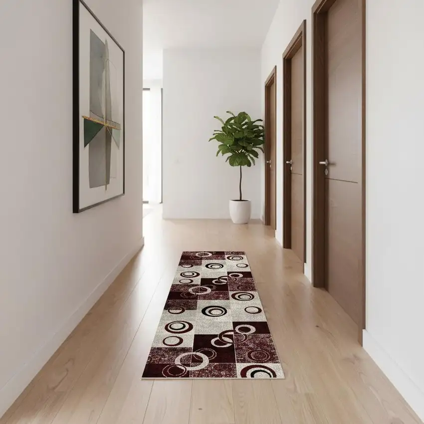 14' Red And Gray Geometric Runner Rug Photo 1