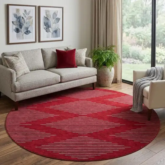 8' Red And Gray Geometric Washable Round Rug With UV Protection Photo 1