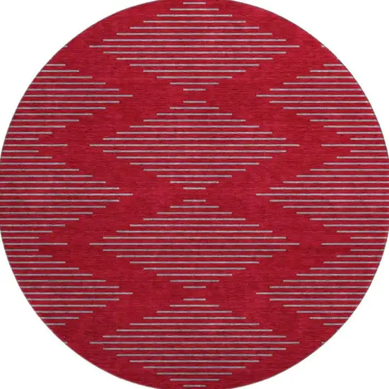 8' Red And Gray Geometric Washable Round Rug With UV Protection Photo 3