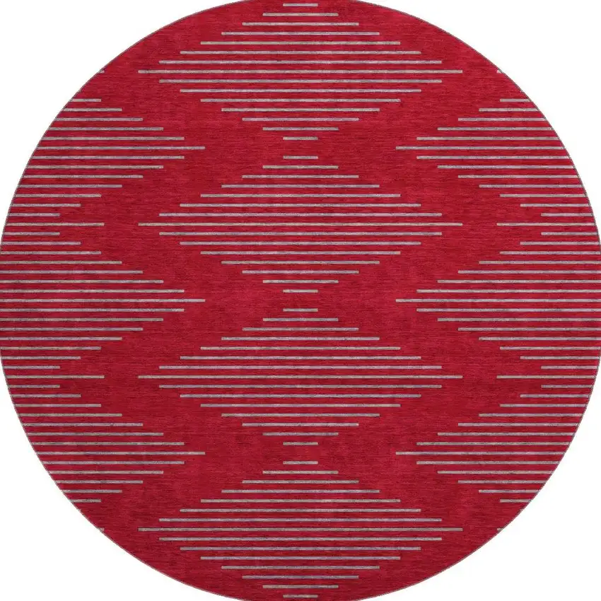 8' Red And Gray Geometric Washable Round Rug With UV Protection Photo 3