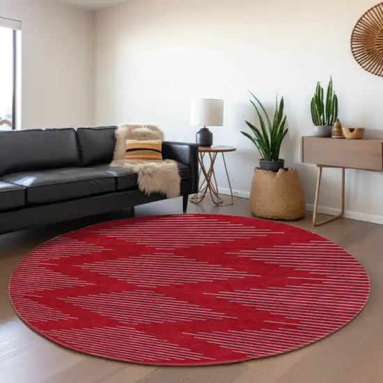 8' Red And Gray Geometric Washable Round Rug With UV Protection Photo 4