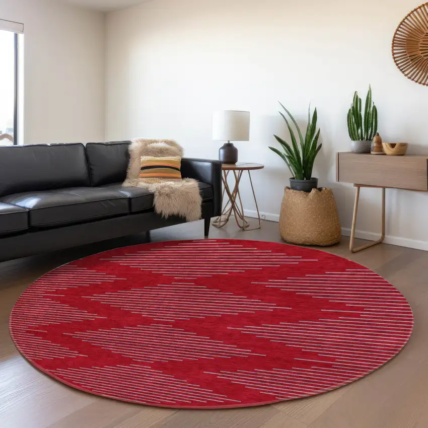 8' Red And Gray Geometric Washable Round Rug With UV Protection Photo 4