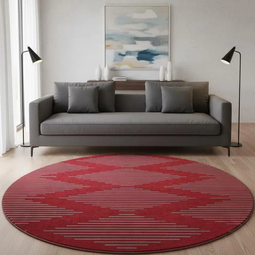 8' Red And Gray Geometric Washable Round Rug With UV Protection Photo 2
