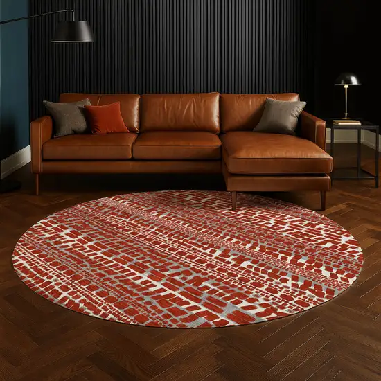 8' Red And Gray Round Abstract Washable Indoor Outdoor Area Rug Photo 5