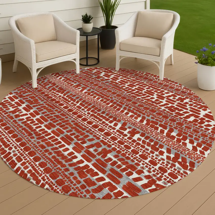 8' Red And Gray Round Abstract Washable Indoor Outdoor Area Rug Photo 4