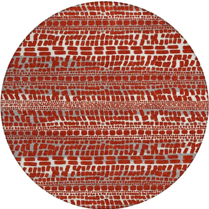 8' Red And Gray Round Abstract Washable Indoor Outdoor Area Rug Photo 3