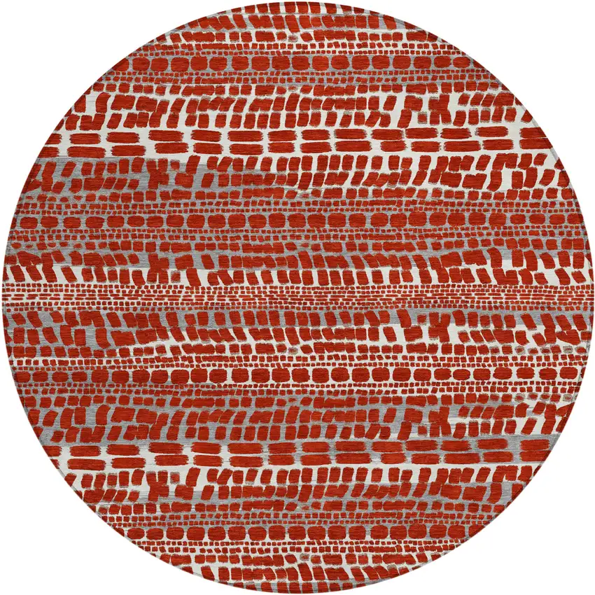 8' Red And Gray Round Abstract Washable Indoor Outdoor Area Rug Photo 1