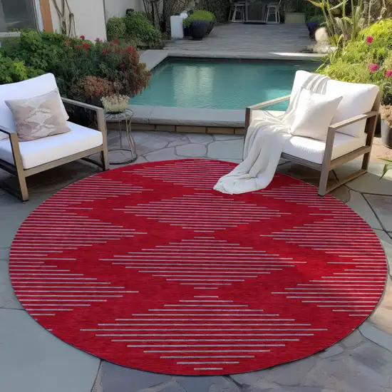 8' Red And Gray Round Geometric Washable Indoor Outdoor Area Rug Photo 6