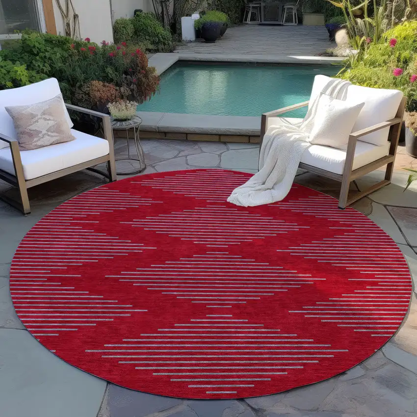8' Red And Gray Round Geometric Washable Indoor Outdoor Area Rug Photo 6