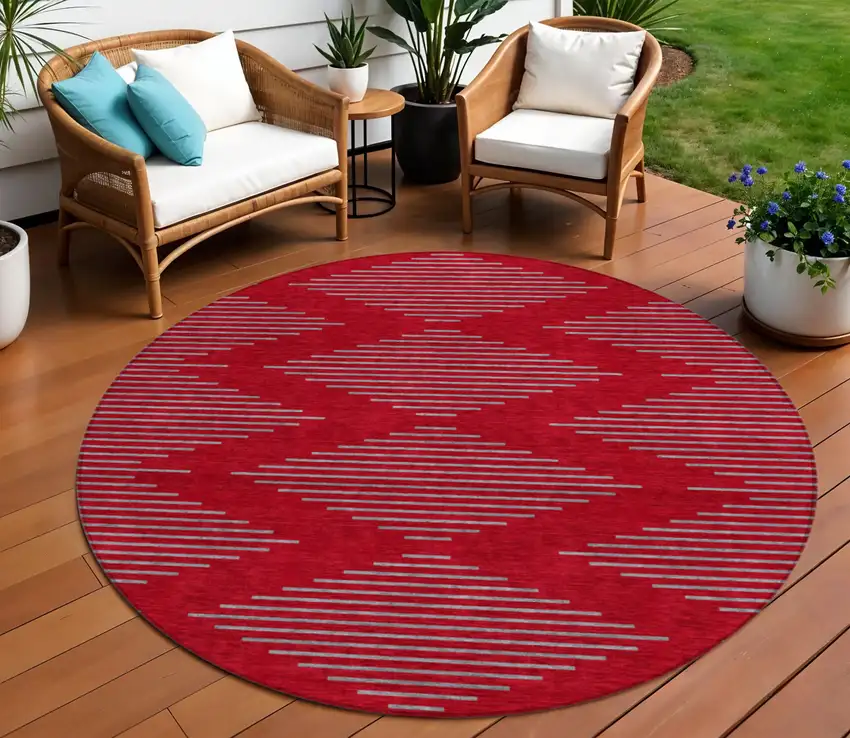 8' Red And Gray Round Geometric Washable Indoor Outdoor Area Rug Photo 1