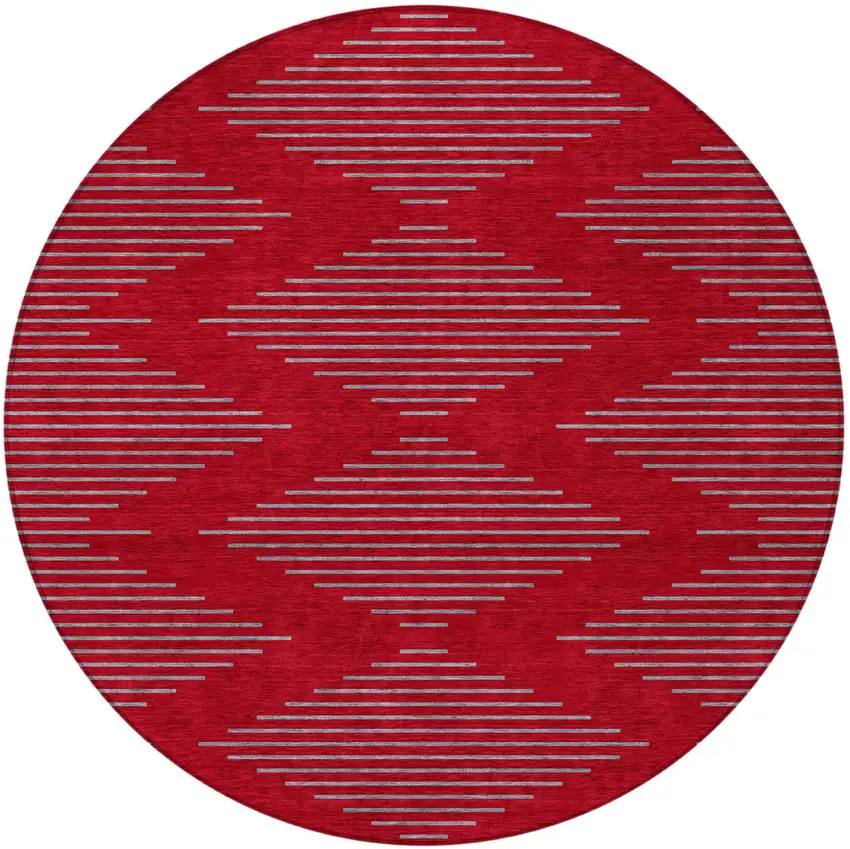 8' Red And Gray Round Geometric Washable Indoor Outdoor Area Rug Photo 5