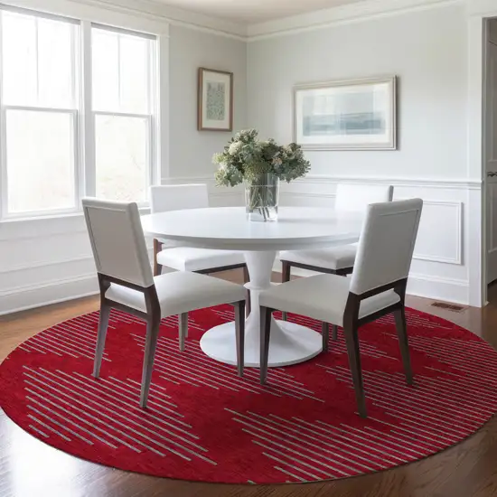 8' Red And Gray Round Geometric Washable Indoor Outdoor Area Rug Photo 7