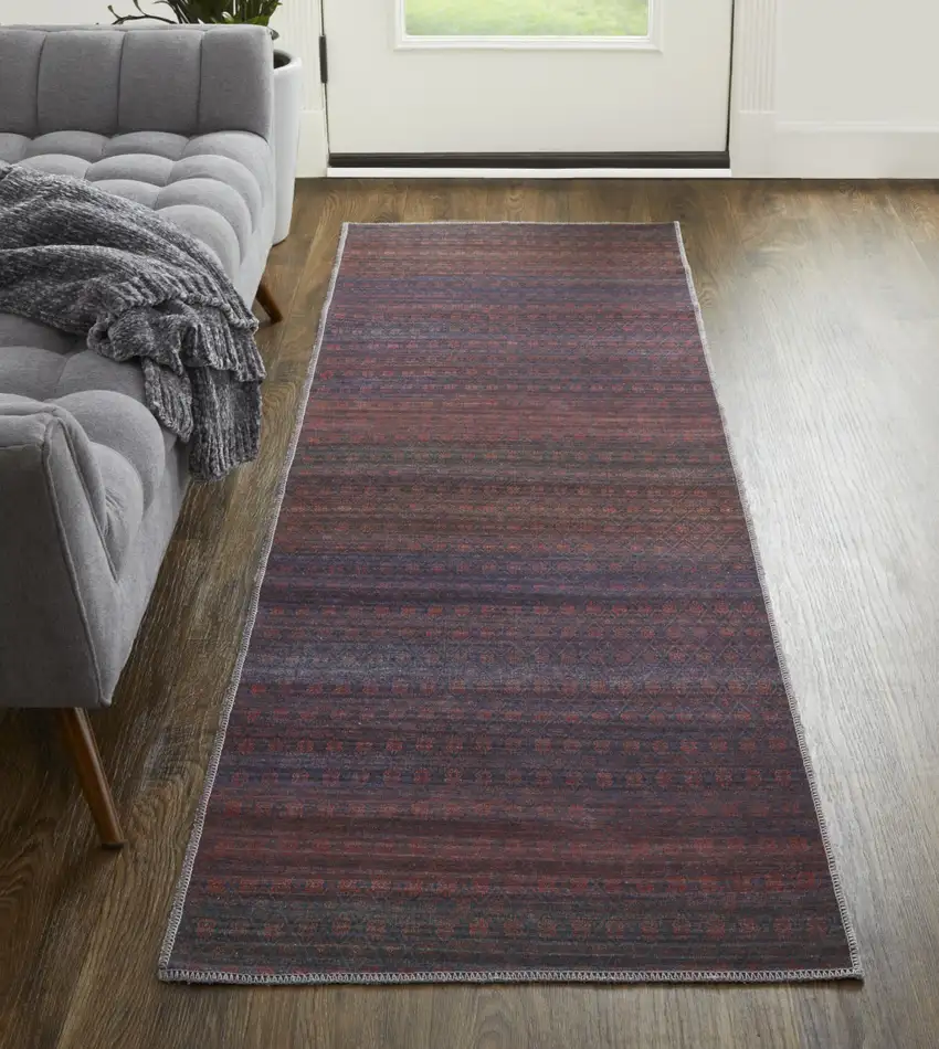 8' Red And Gray Striped Power Loom Runner Rug Photo 2