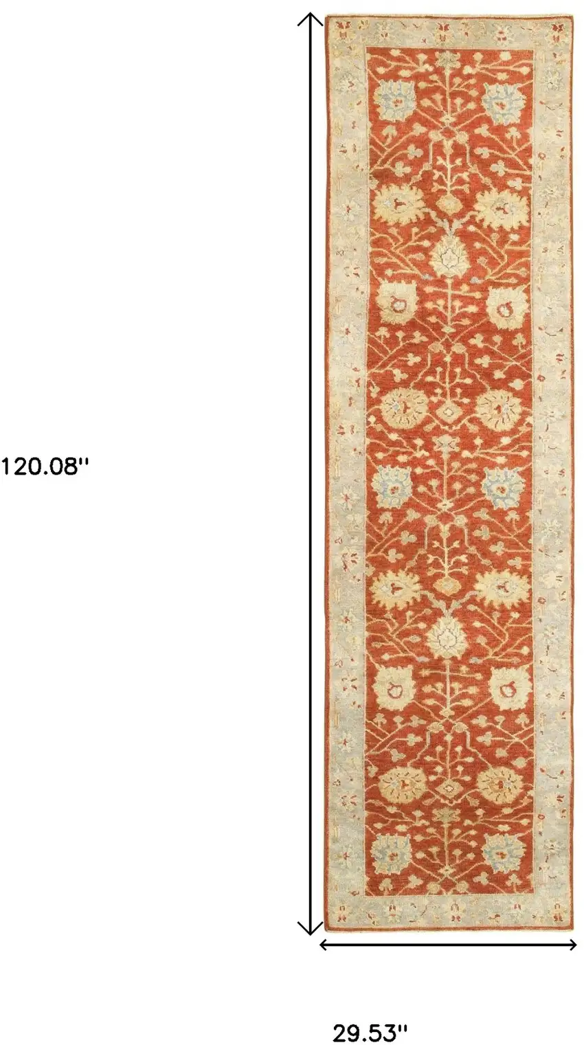 10' Red And Gray Wool Oriental Hand Knotted Runner Rug Photo 3