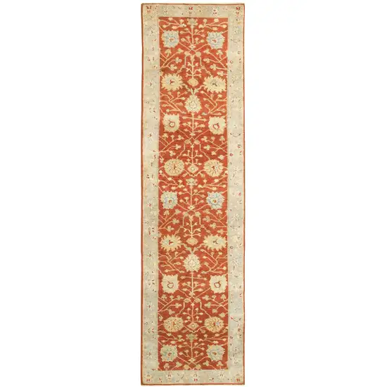 10' Red And Gray Wool Oriental Hand Knotted Runner Rug Photo 2