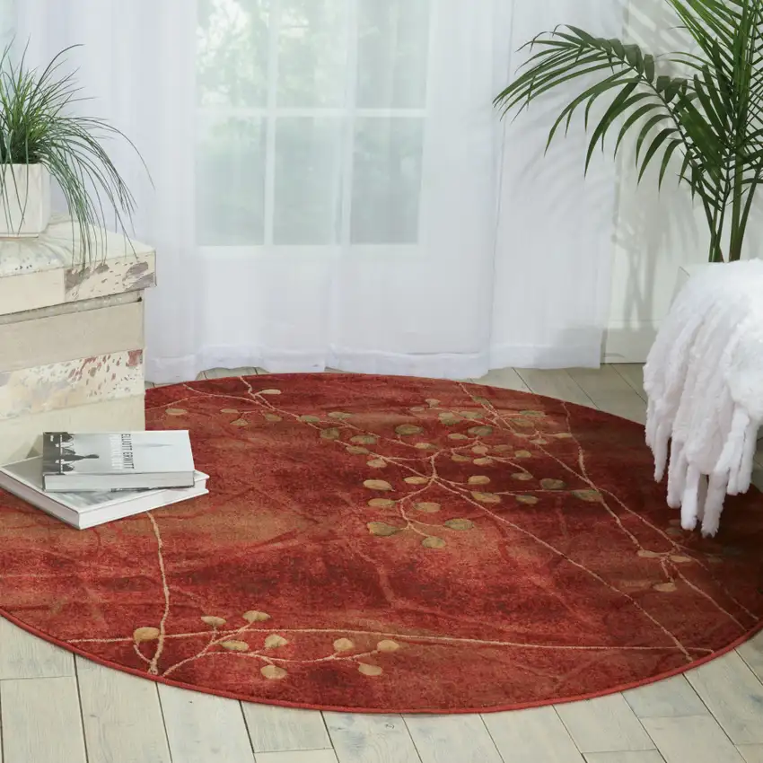 6' Red And Green Floral Non Skid Round Rug Photo 5
