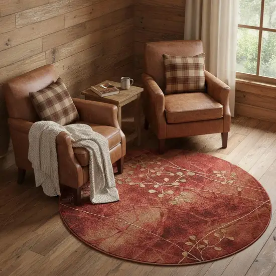 6' Red And Green Floral Non Skid Round Rug Photo 1