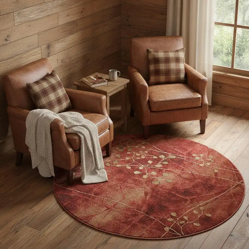 6' Red And Green Floral Non Skid Round Rug Photo 1