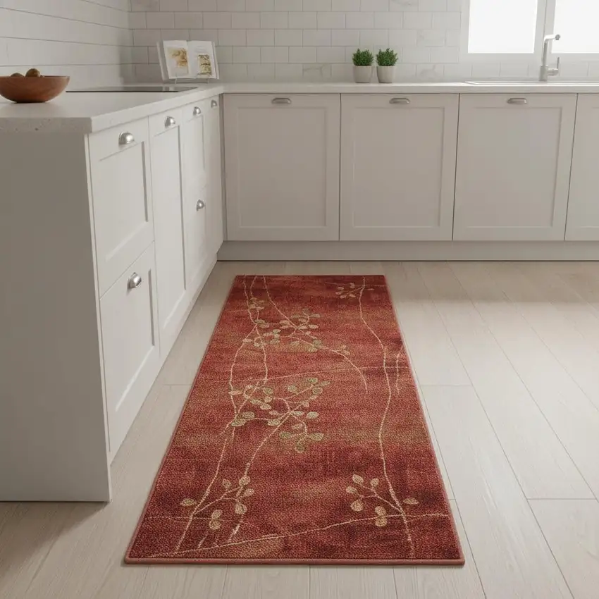 8' Red And Green Floral Non Skid Runner Rug Photo 1