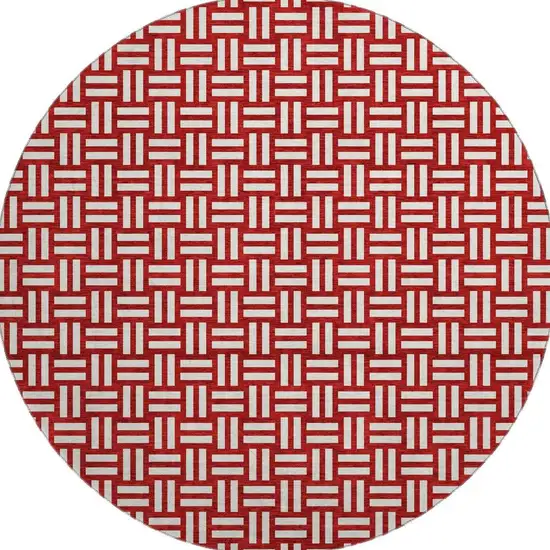 8' Red And Ivory Abstract Geometric Washable Round Rug With UV Protection Photo 3