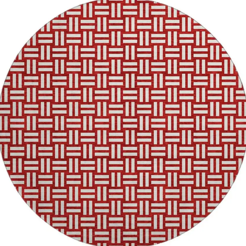 8' Red And Ivory Abstract Geometric Washable Round Rug With UV Protection Photo 3
