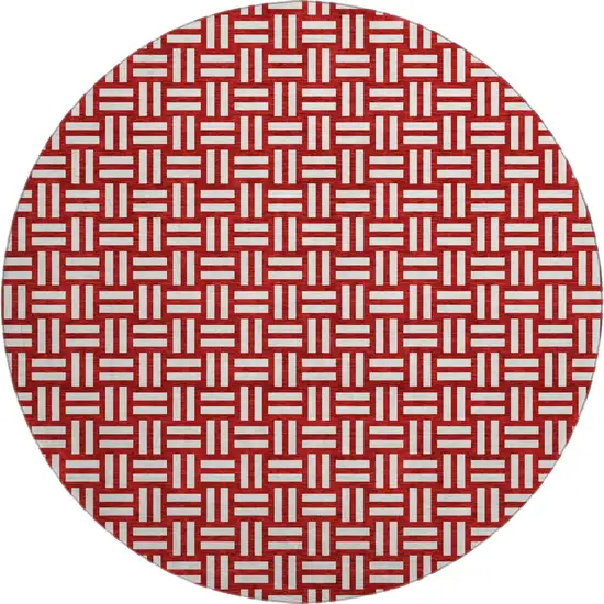 8' Red And Ivory Abstract Geometric Washable Round Rug With UV Protection Photo 1
