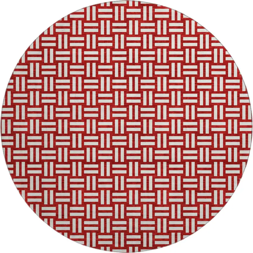8' Red And Ivory Abstract Geometric Washable Round Rug With UV Protection Photo 1