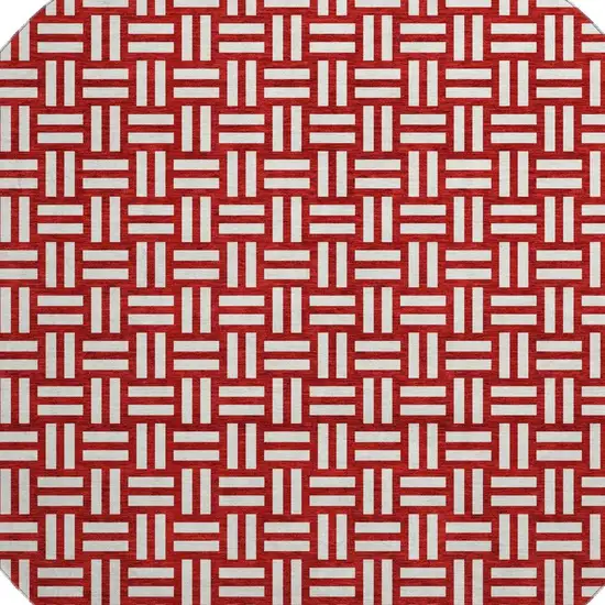 8' Red And Ivory Abstract Geometric Washable Round Rug With UV Protection Photo 2