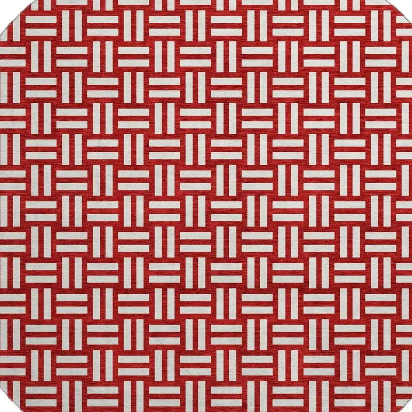 8' Red And Ivory Abstract Geometric Washable Round Rug With UV Protection Photo 2