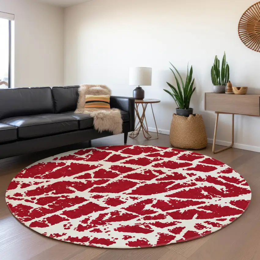 8' Red And Ivory Abstract Washable Round Rug With UV Protection Photo 5