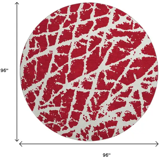 8' Red And Ivory Abstract Washable Round Rug With UV Protection Photo 3