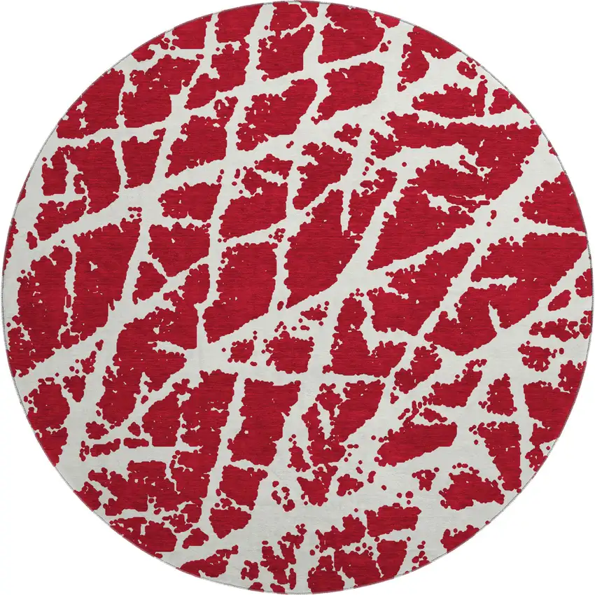8' Red And Ivory Abstract Washable Round Rug With UV Protection Photo 1