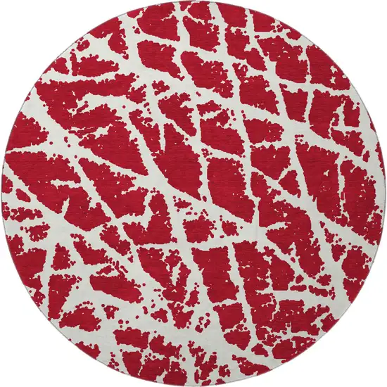 8' Red And Ivory Abstract Washable Round Rug With UV Protection Photo 4