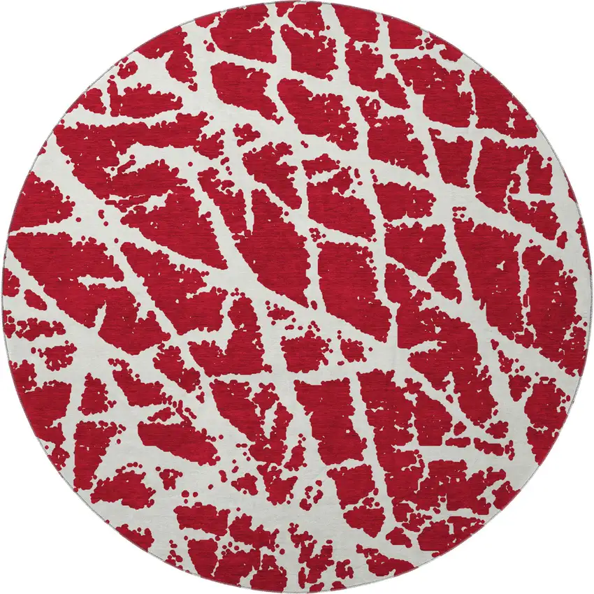 8' Red And Ivory Abstract Washable Round Rug With UV Protection Photo 4