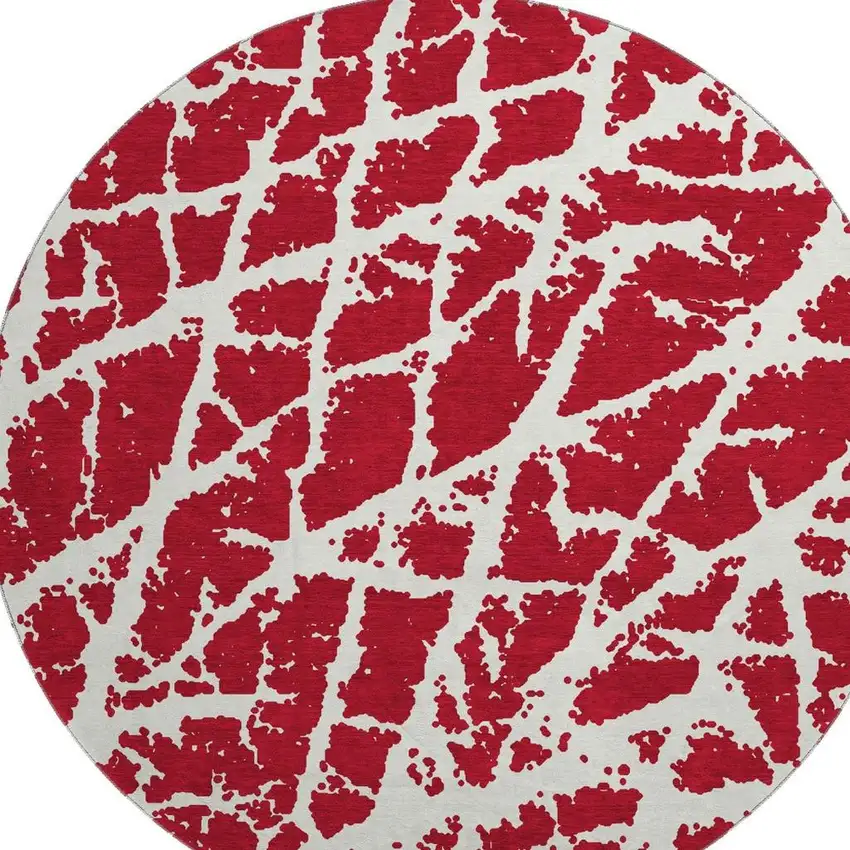 8' Red And Ivory Abstract Washable Round Rug With UV Protection Photo 3