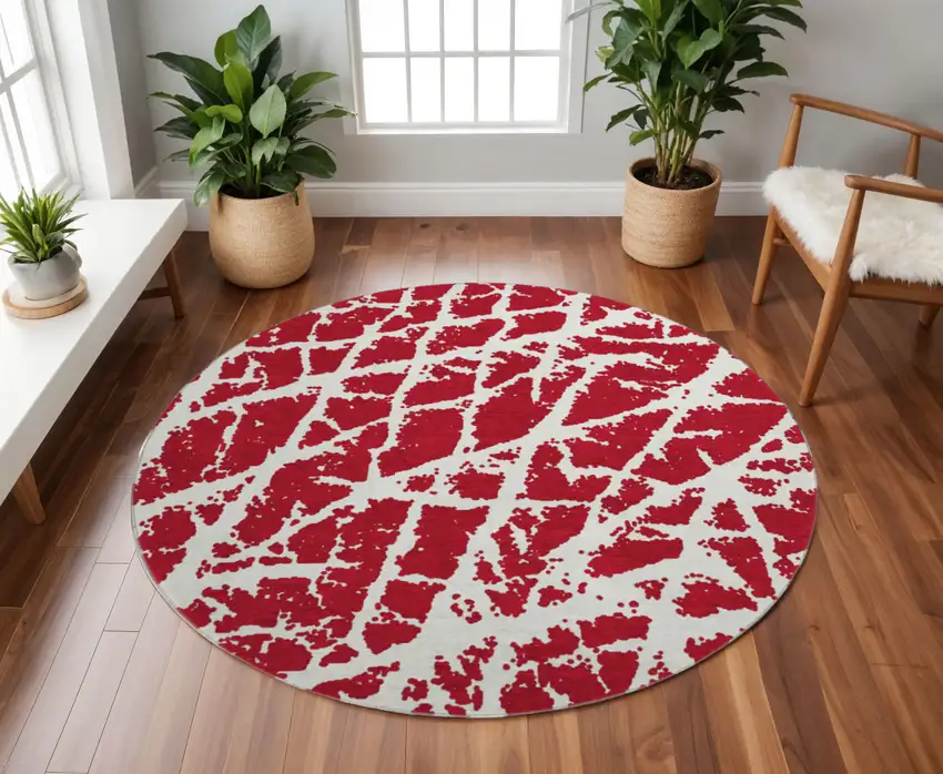 8' Red And Ivory Abstract Washable Round Rug With UV Protection Photo 2