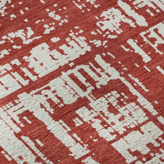 8' Red And Ivory Abstract Washable Round Rug With UV Protection Photo 9