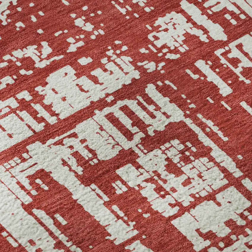 8' Red And Ivory Abstract Washable Round Rug With UV Protection Photo 9