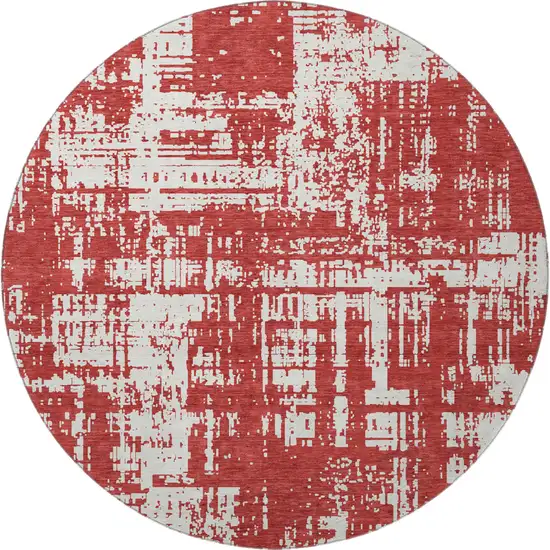 8' Red And Ivory Abstract Washable Round Rug With UV Protection Photo 4