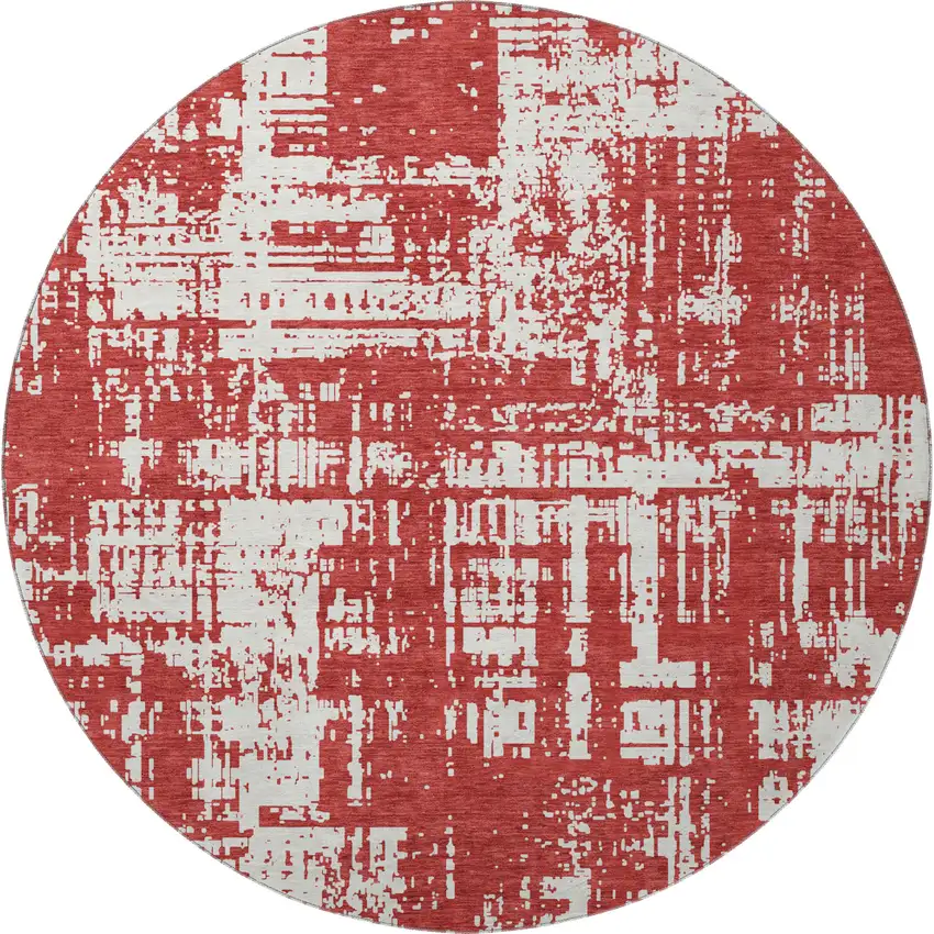 8' Red And Ivory Abstract Washable Round Rug With UV Protection Photo 4