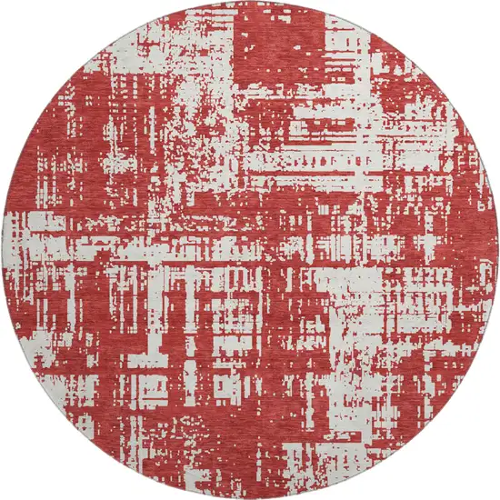 8' Red And Ivory Abstract Washable Round Rug With UV Protection Photo 1