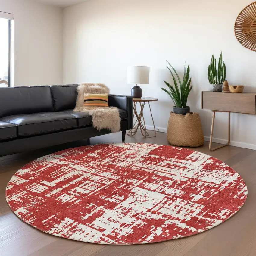 8' Red And Ivory Abstract Washable Round Rug With UV Protection Photo 5