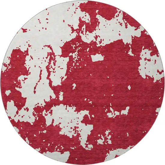 8' Red And Ivory Abstract Washable Round Rug With UV Protection Photo 4