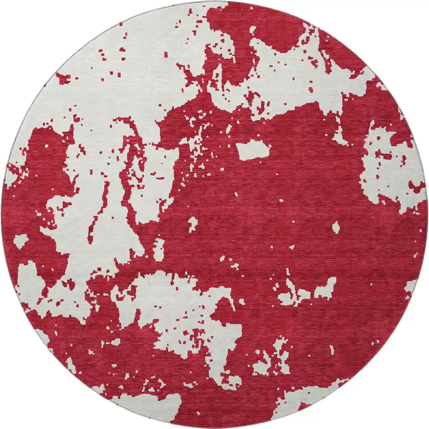 8' Red And Ivory Abstract Washable Round Rug With UV Protection Photo 4