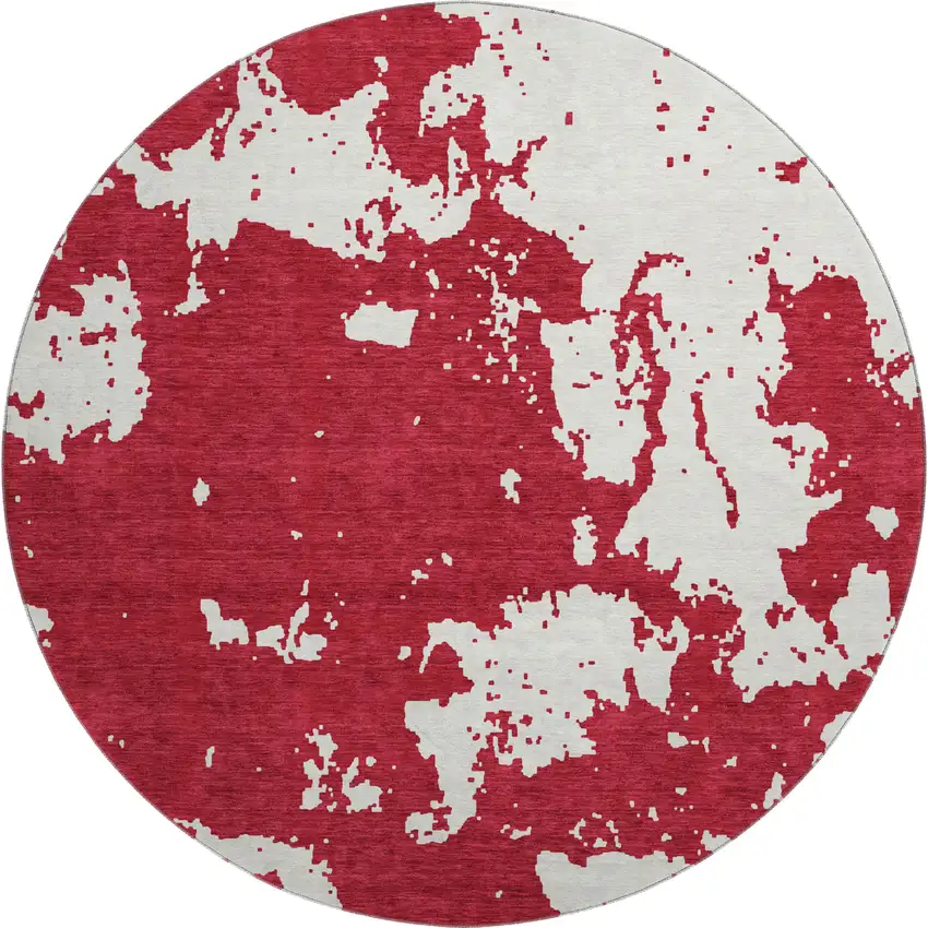 8' Red And Ivory Abstract Washable Round Rug With UV Protection Photo 1