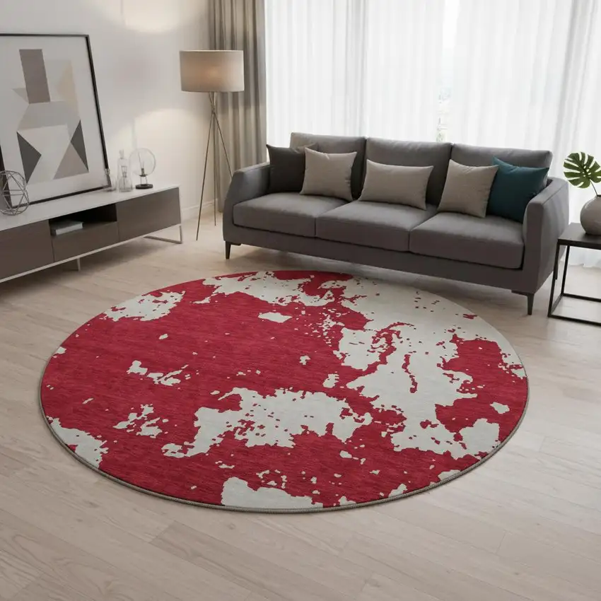 8' Red And Ivory Abstract Washable Round Rug With UV Protection Photo 2