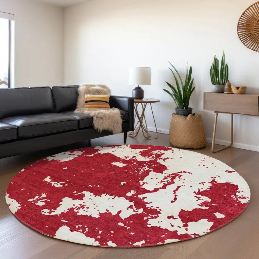 8' Red And Ivory Abstract Washable Round Rug With UV Protection Photo 5