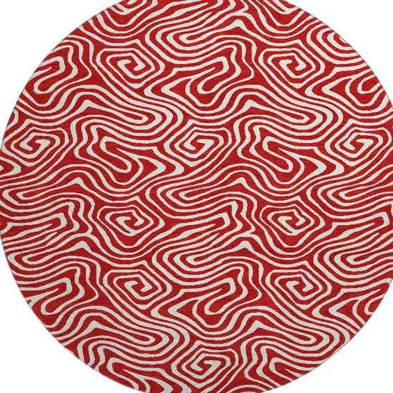 8' Red And Ivory Abstract Washable Round Rug With UV Protection Photo 3