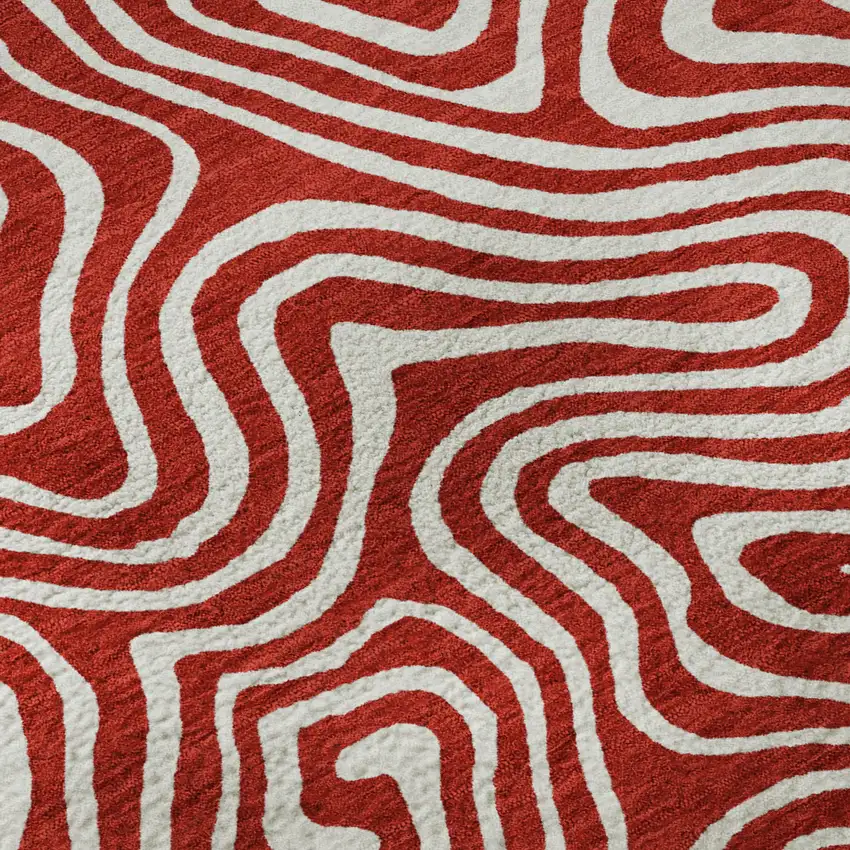 8' Red And Ivory Abstract Washable Round Rug With UV Protection Photo 8