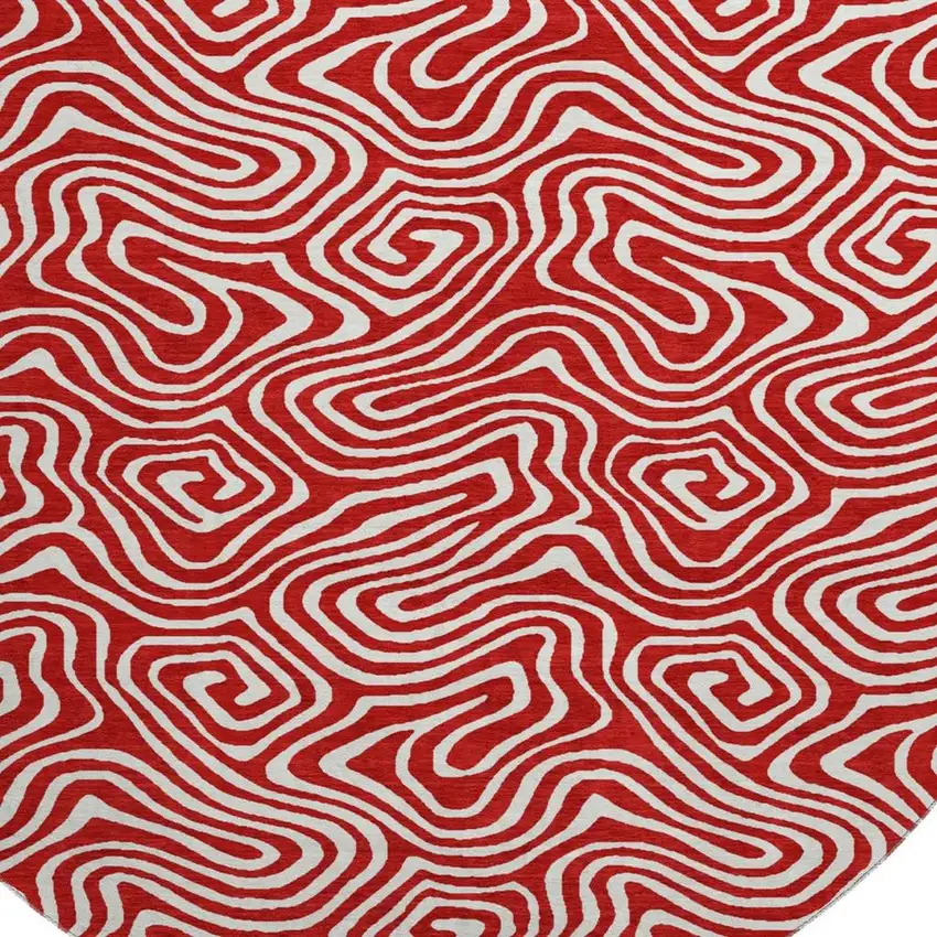8' Red And Ivory Abstract Washable Round Rug With UV Protection Photo 2